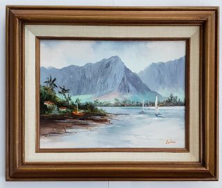 View From Kaneohe Yacht Club Hawaii Vintage Oil Painting Hawaiian Beach 1981