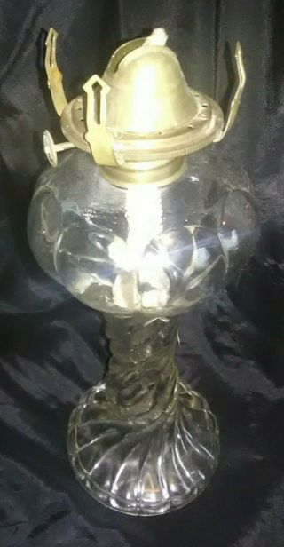 Antique Oil Lamp EAPG BARLEY OR Wrythen Twist Glass Oil Lamp Brass Burner 2