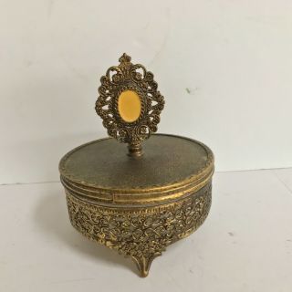Filigree Ormolu Gold Metal Beveled Glass Jewelry Casket Box Large Topaz Stone