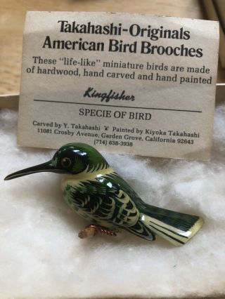 Vintage Takahashi Painted Wood Bird On Tree Branch Pin Kingfisher