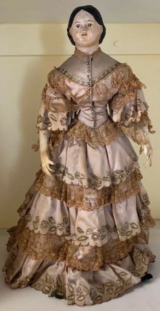 Antique German Paper Mache Greiner Lady Doll Lovely Fancy Dress