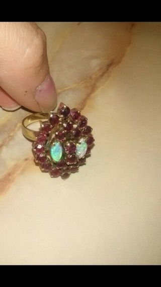 Real Antique Vintage marked 18k Yellow Gold Red Ruby Blue Opal pearl Rng Sz 8 3