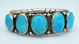 Vintage Navajo Turquoise Row Bracelet Sterling Silver Native Amerian Mid Century