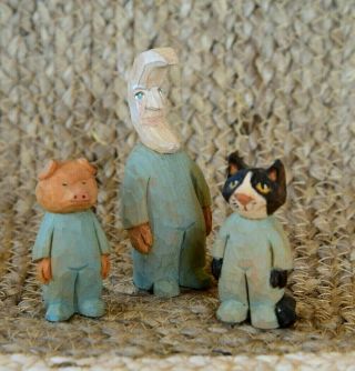 3 Vintage Hand Carved Folk Art Country Wood Figurine Cat & Pig Moon Pajamas
