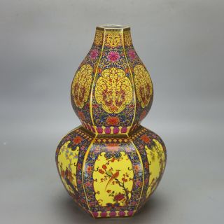 China Antique Porcelain Qing Qianlong Famille Rose Flower Bird Square Gourd Vase