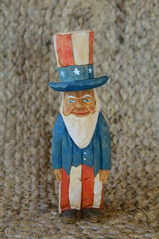 Vintage Hand Carved Folk Art Wood Figurine Uncle Sam Patriotic Americana