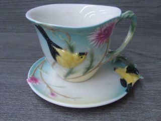 Franz Porcelain Teacup And Saucer Set Yellow Bird Pink Flowers