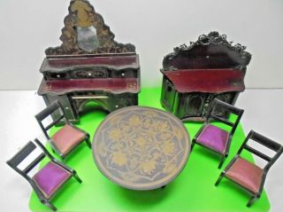 Antique Victorian Waltershausen Boulle Dolls House Furniture Old Parlour Suite