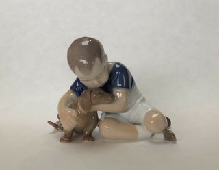 B&g - Bing & Grøndahl Figurine Boy In Blue With Dachshund 1951 Denmark