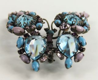 VINTAGE VERIFIED UNSIGNED SCHREINER LARGE BUTTERFLY BROOCH TURQUOISE & PURPLE 4