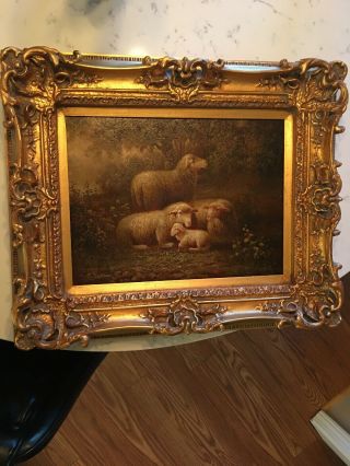 Exquisite 12 X 16 Sheep Lambs Fine Oil Painting In Vintage Gilded 20 X 24 Frame