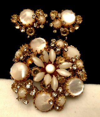 Rare Vintage Signed Schreiner Ny Jeweled 2 - 1/4 " Brooch & 1 - 1/4 " Earring Set A36