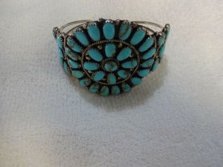 Zuni Vintage Turquoise & Sterling Silver Cuff Bracelet Signed Jw
