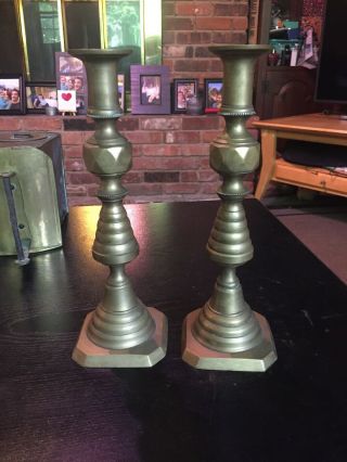 Pair Antique Victorian Brass Beehive Pushup Ejector Candlestick Holders,  10 3/4”