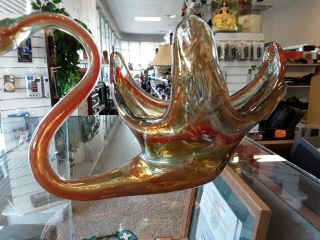 Large Vintage Hand Blown Swan Centerpiece Large Bowl Amber/orange/red Swirl.