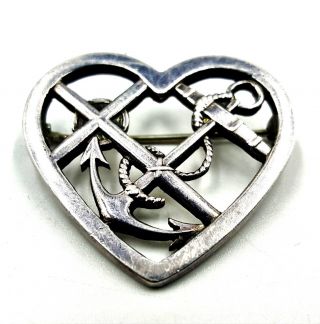 Vtg Georg Jensen Sterling Silver Denmark Pin Back Brooch 296 Heart & Anchor