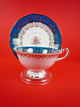 QUEEN ' S MONARCH FINE BONE CHINA TURQUOISE FLORAL TEACUP & SAUCER SET ENGLAND 3