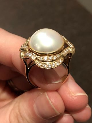 Large Mobe Pearl And Diamond Ring 14kt Gold,  Estate Jewelry