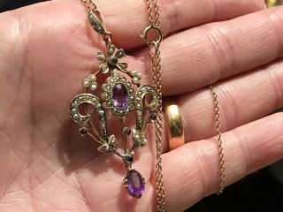 Edwardian 9ct Gold Amethyst And Seed Pearl Pendant And Chain