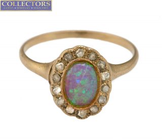 Ladies Antique Victorian 14k Yellow Gold 0.  42ctw Rose Cut Diamond Opal Ring