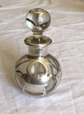 Vintage Floral Sterling Silver Overlay On Glass Perfume Bottle W/stopper 3.  5”