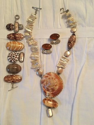 Amy Kahn Russell Shell Pearl Amber Necklace Bracelet Earrings Set Euc