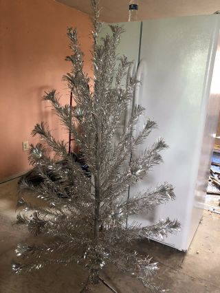 Vintage Sparkler Pom Pom 6 Ft Silver Aluminum Christmas Tree 55 Branches M - 655