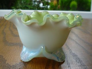 Victorian Art Glass Vase Cased Lime Green Opalescent Ruffled & Hand Applied Feet