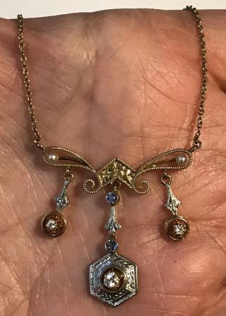 Antique Victorian 14k Yellow,  White Gold Diamond Sapphire Pearl Lavalier Necklace