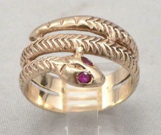 Vintage 14k Yellow Gold Coiled Snake Ring Band Ruby Eyes 6.  5 Grams Size 9.  5