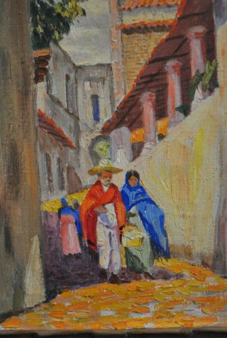 Vintage Oil Painting - Taxco Mexico Street Scene - R.  Maya - Carved Frame - 1937 3