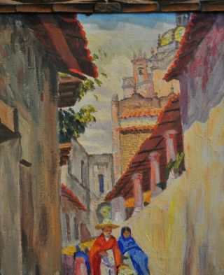 Vintage Oil Painting - Taxco Mexico Street Scene - R.  Maya - Carved Frame - 1937 4