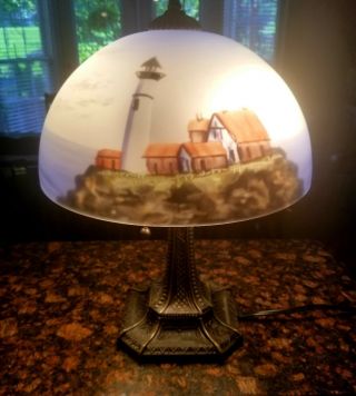 Vintage Lighthouse Reverse Painted Glass Shade Nautical Accent Table Lamp
