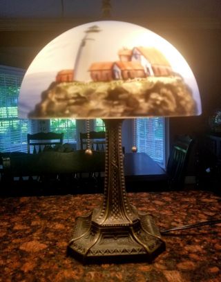 Vintage Lighthouse Reverse Painted Glass Shade Nautical Accent Table Lamp 2