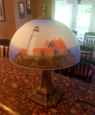 Vintage Lighthouse Reverse Painted Glass Shade Nautical Accent Table Lamp 5