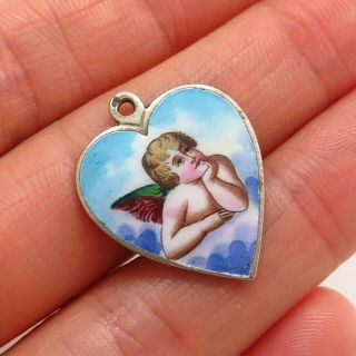 Antique Victorian Sterling Silver Enamel Heart Angel Collectible Charm Pendant