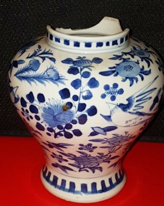 Antique Chinese Kangxi Blue & White Porcelain Vase With Birds And Flowers