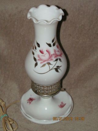 Vtg Milk Glass Hurricane Table Lamp Pink Roses Hand Painted Shabby Cottage Chic