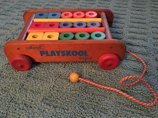 Vintage Playskool Wooden Wagon Pull Toy With 21 Wooden Blocks 6 Different Colors