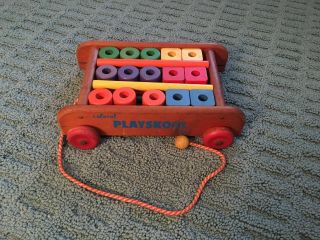 Vintage Playskool Wooden Wagon Pull Toy With 21 Wooden Blocks 6 different colors 3