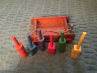 Vintage Playskool Wooden Wagon Pull Toy With 21 Wooden Blocks 6 different colors 5