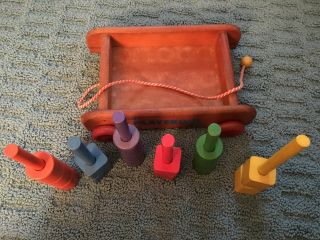 Vintage Playskool Wooden Wagon Pull Toy With 21 Wooden Blocks 6 different colors 6