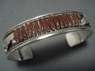 Incredibly Intricate Vintage Zuni Coral Sterling Silver Bracelet Cuff