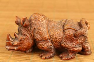 Asian Old Antique Boxwood Anger Rhinoceros Statue Netsuke Table Home Ornament
