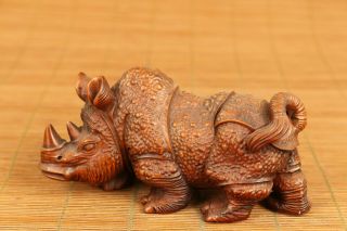 Asian old antique boxwood anger rhinoceros statue netsuke table home ornament 2