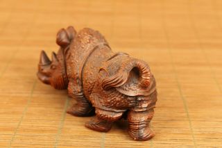 Asian old antique boxwood anger rhinoceros statue netsuke table home ornament 3