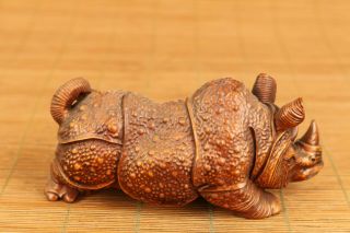 Asian old antique boxwood anger rhinoceros statue netsuke table home ornament 4