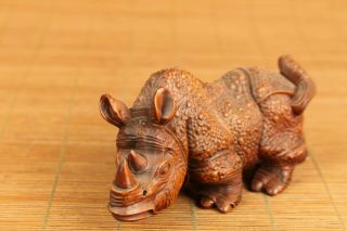 Asian old antique boxwood anger rhinoceros statue netsuke table home ornament 5