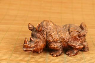 Asian old antique boxwood anger rhinoceros statue netsuke table home ornament 7