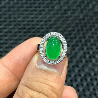 Chinese Handwork 925 Silver & Green Jadeite Jade Bead Collectible No.  6.  5 - 12 Ring